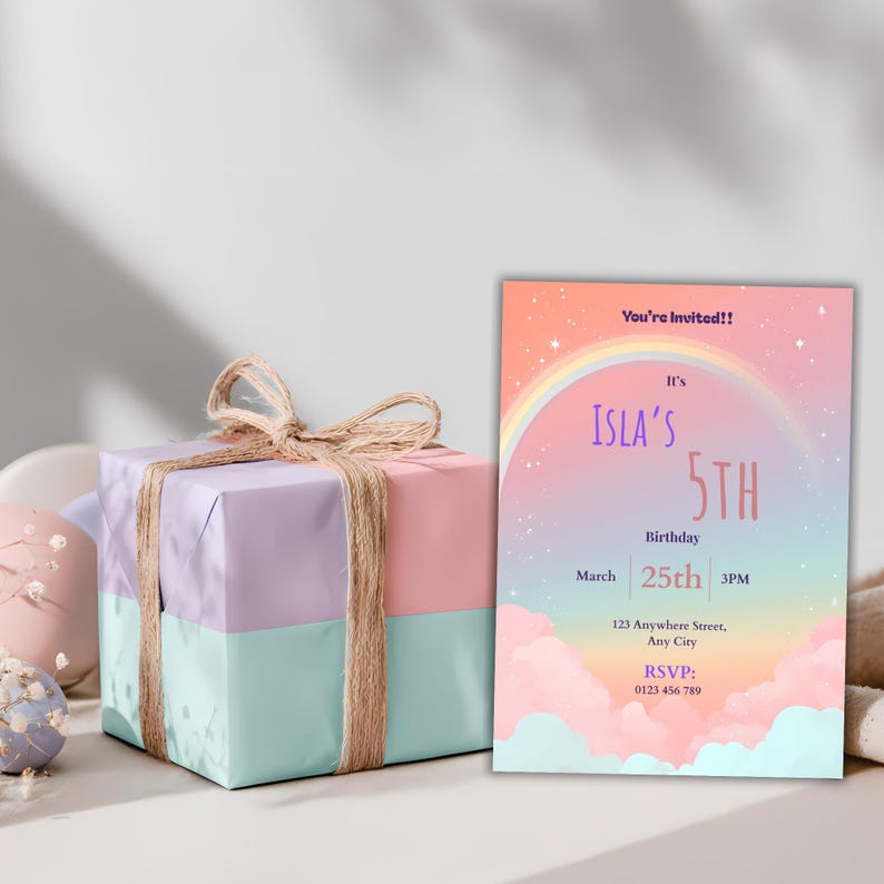 Rainbow birthday invitation template displayed next to a wrapped gift