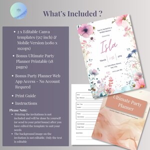 Infographic showing what's included with this bridal shower invitation template: two editable Canva files, a mobile version, and free bonus party planner.