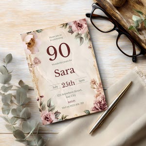 Elegant 90th Birthday Invitation • Editable Vintage Floral Template • Feminine Birthday Invite • Instant Download Printable