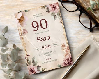 Elegant 90th Birthday Invitation • Editable Vintage Floral Template • Feminine Birthday Invite • Instant Download Printable