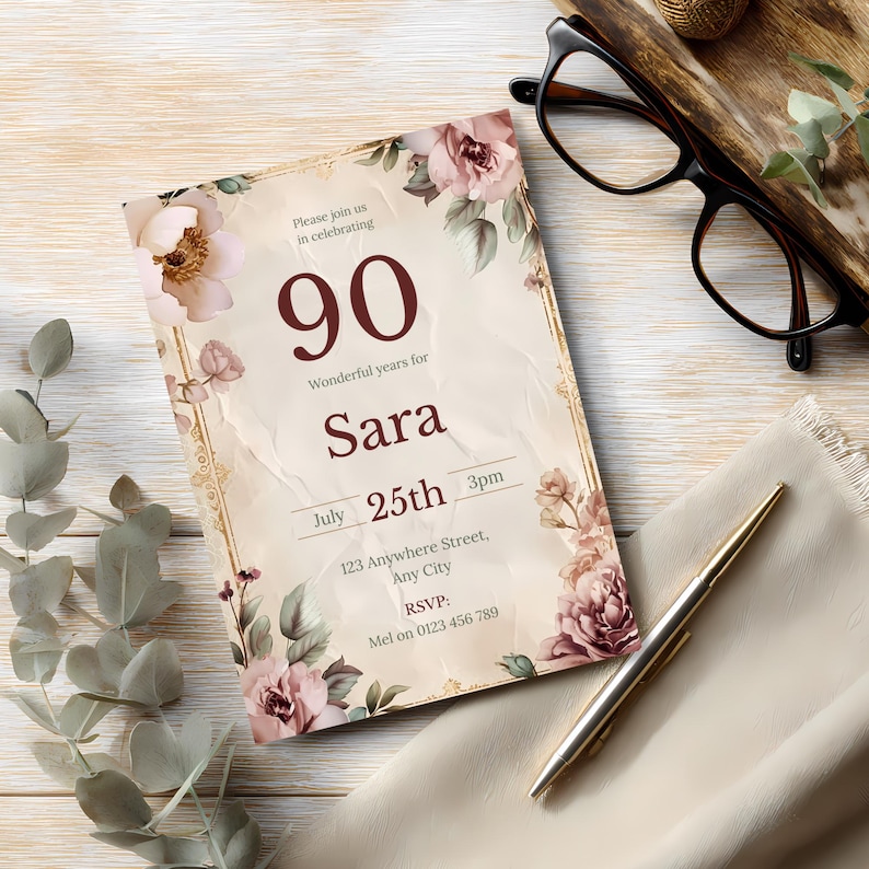 Elegant 90th Birthday Invitation • Editable Vintage Floral Template • Feminine Birthday Invite • Instant Download Printable image 1