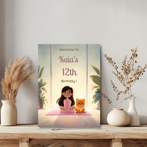 Close-up of pastel illustration featuring a girl sitting cross-legged on a yoga mat beside a fluffy orange puppy with soft warm tones and playful birthday theme styling.