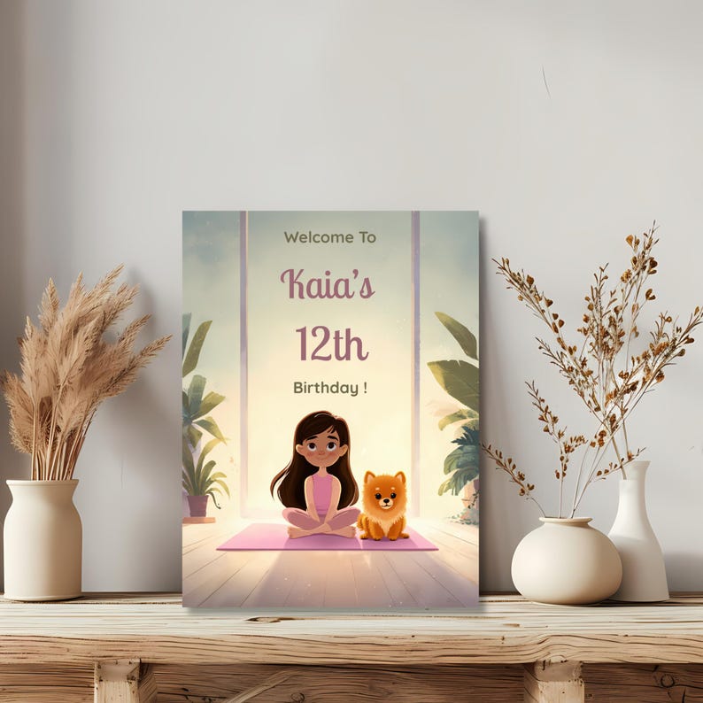 Close-up of pastel illustration featuring a girl sitting cross-legged on a yoga mat beside a fluffy orange puppy with soft warm tones and playful birthday theme styling.