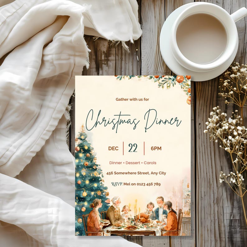 Watercolor family Christmas invitation customized as a Christmas Lunch invite with a 1pm start time