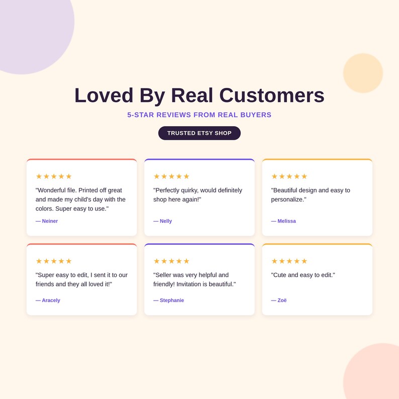 Customer reviews for editable Etsy invitation template shop, five-star ratings praising easy Canva editing, print quality, and fast personalization