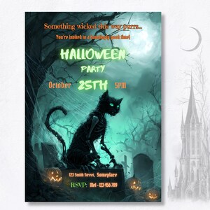 Gothic Halloween party invite template with undead black cat in graveyard, editable Canva digital download, horror themed party invitation printable