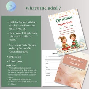 What's included: editable Canva Christmas pajama party invitation in 5x7 and 1080x1920 phone sizes, free printable party planner, free party planner web app, print guide and instructions