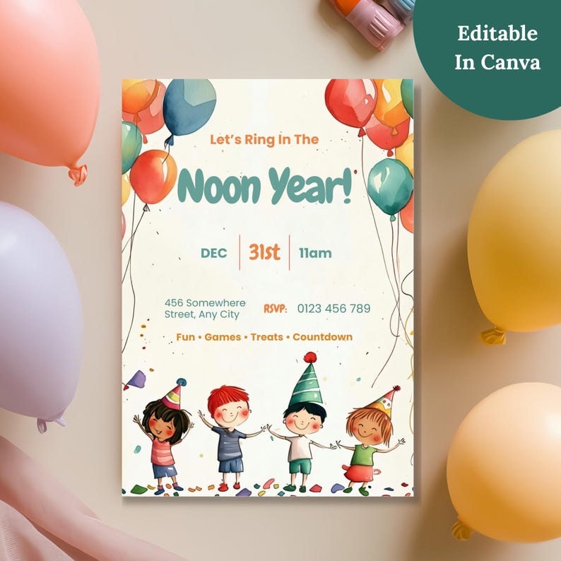 Editable Canva Noon Year invitation with four happy watercolor kids, colorful balloons and a Dec 31st 11am countdown party layout, surrounded by pastel balloons