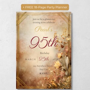 95th birthday invitation template in Art Deco amber with gold geometric border and warm botanical florals, displayed flat on a white background with FREE 18-Page Party Planner banner above