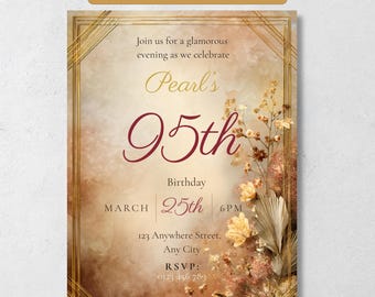 95th Birthday Invitation Template, Art Deco Amber Floral Invite, Editable Canva, Instant Download, Elegant 95th Party Invite for Her