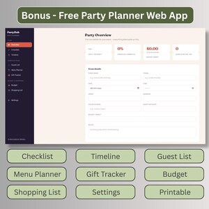 Free bonus digital party planner web app dashboard showing checklist, timeline, guest list, menu planner, gift tracker, and budget tools