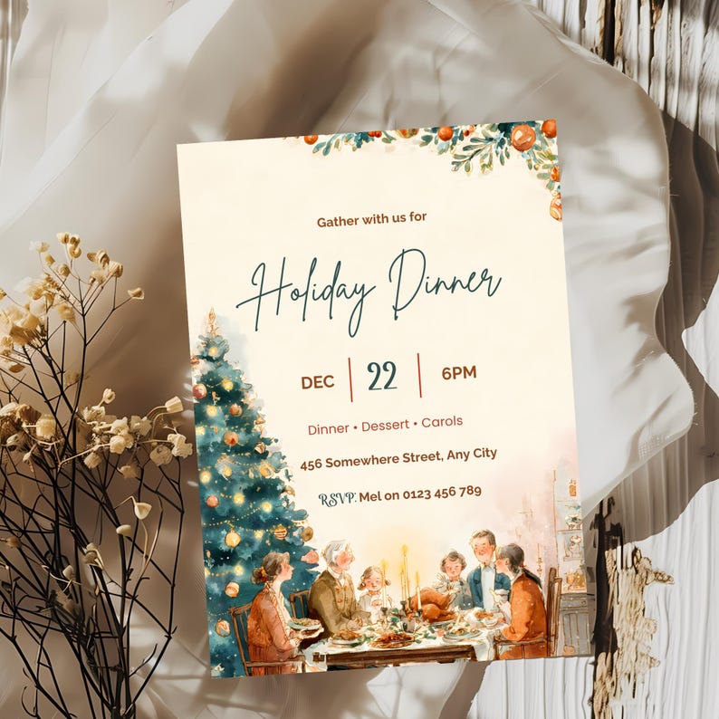 Holiday dinner invitation with watercolor Christmas tree and family table scene, suitable for work or mixed groups