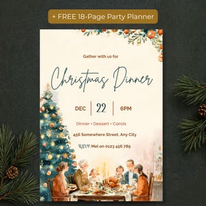 Editable Christmas dinner invitation in vintage watercolor with a family gathered around a candlelit table and Christmas tree, plus a free 18-page party planner