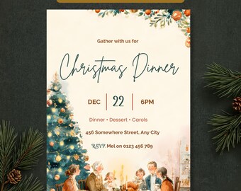 Editable Christmas Dinner Invitation, Family Christmas Dinner Invite, Christmas Evite, Watercolor Canva Template + Free Party Planner