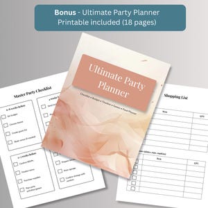 Free bonus 18-page printable party planner with checklist and shopping list pages, included with editable tea party menu