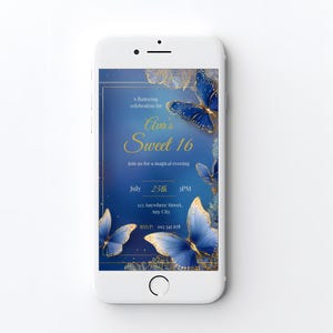 Whimsical teen birthday invite with 3D butterfly corners and filigree gold border