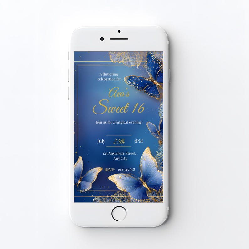 Whimsical teen birthday invite with 3D butterfly corners and filigree gold border