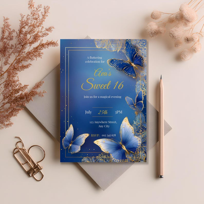 Elegant butterfly birthday invitation, Sweet 16, printable and editable digital template