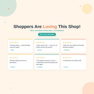 Customer review graphic showing five-star Etsy reviews praising the shop's easy-to-edit invitation templates and friendly service