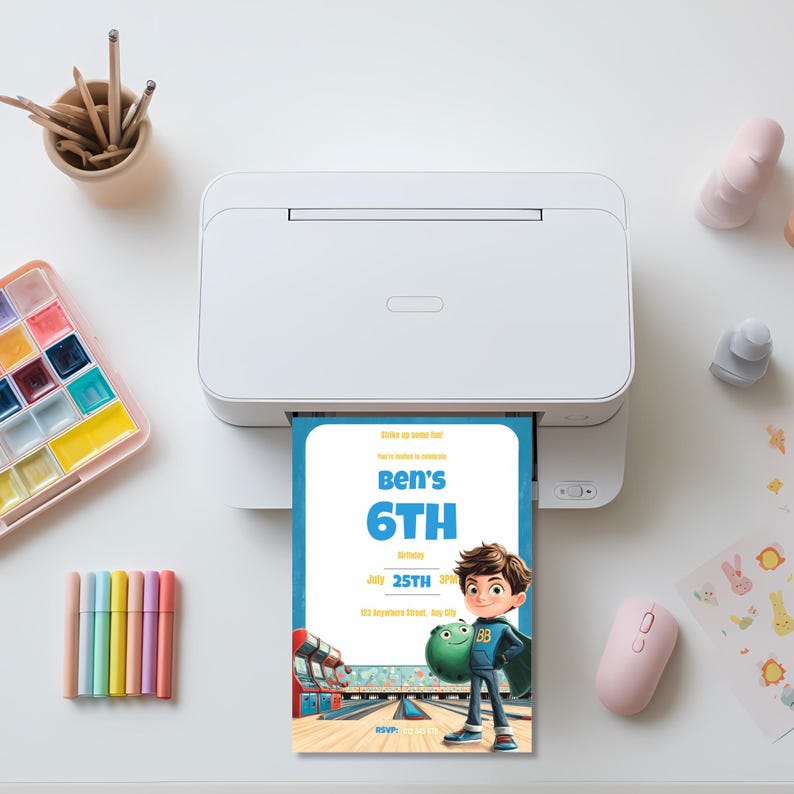 Printed bowling birthday invitation for boy featuring superhero birthday boy holding bowling ball with arcade background clean layout