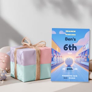 Editable bowling birthday invitation template for boys, arcade themed kids party invite example