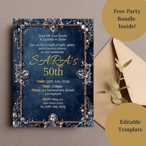 Denim and Diamonds Invitation - Editable Denim Invitation Template - Digital Denim Birthday Party Invite - Templett