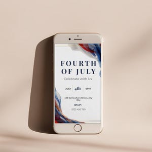 Editable minimalist 4th of July invitation template displayed on a mobile phone screen with elegant navy blue and deep red abstract design accents