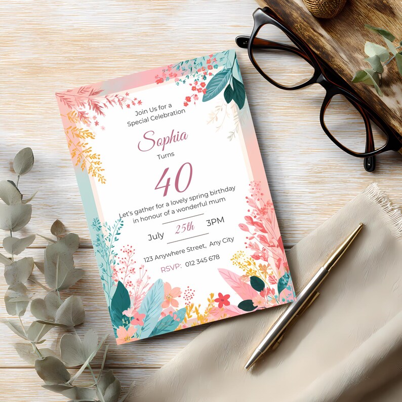 Printable spring birthday invitation template with soft pastel floral border and clean editable layout for a feminine celebration