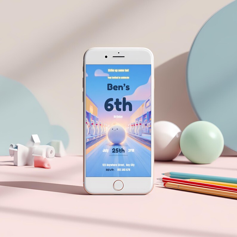 Bowling birthday invitation shown on mobile phone, editable Canva invite for kids arcade party