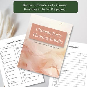 Free 18-page printable party planner bonus preview with checklist, budget tracker, and shopping list pages