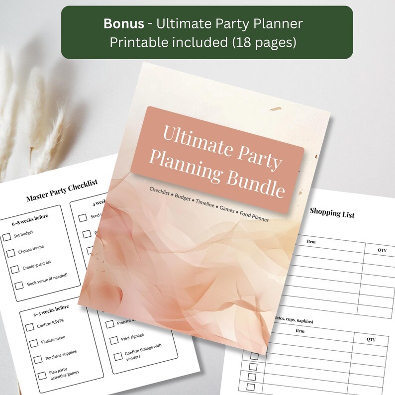 Free 18-page printable party planner bonus preview with checklist, budget tracker, and shopping list pages