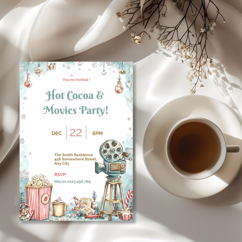 Christmas movie night invitation styled with dried flowers on a rustic wood background
