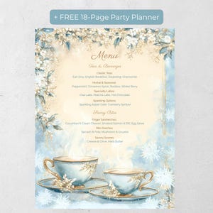 Plantilla editable de menú para merienda, menú de té de invierno, tarjeta de menú imprimible en Canva, elegante diseño de copo de nieve (tamaños 8.5x11 y A4).