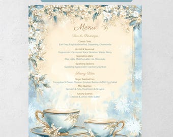 Tea Party Menu Template Editable, Winter Afternoon Tea Menu, Printable Canva Menu Card, Elegant Snowflake Design 8.5x11 & A4