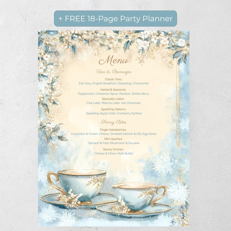 Editable winter tea party menu template with free 18-page party planner bonus, blue and gold floral design, Canva printable