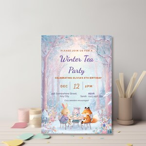 Pastel woodland animal tea party invitation for a girl's winter birthday, printable 5x7 kids party invite with a fox, bunny and kitten at a snowy tea table