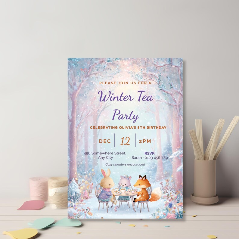 Pastel woodland animal tea party invitation for a girl's winter birthday, printable 5x7 kids party invite with a fox, bunny and kitten at a snowy tea table