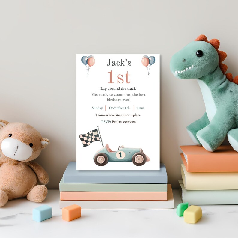 Pastel Race Car 1st Birthday Invitation, Editable Canva Lap Around The Track Template for Kids Party image 6