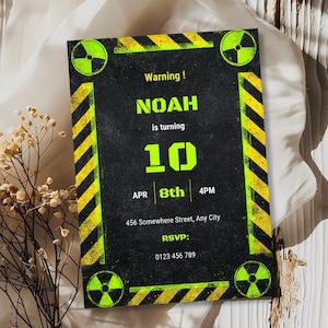 Radioactive birthday invitation displayed as a full design layout with industrial hazard theme, neon warning accents, and structured event details for a boys birthday party
