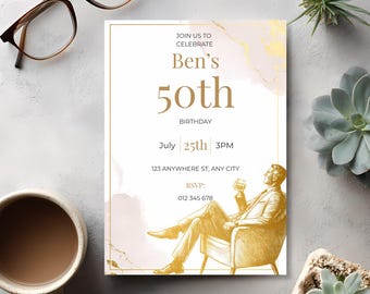 Elegant Mens Birthday Invitation Template, White and Gold Luxury Invite, Editable Canva Birthday Invitation, Minimalist Birthday Invite