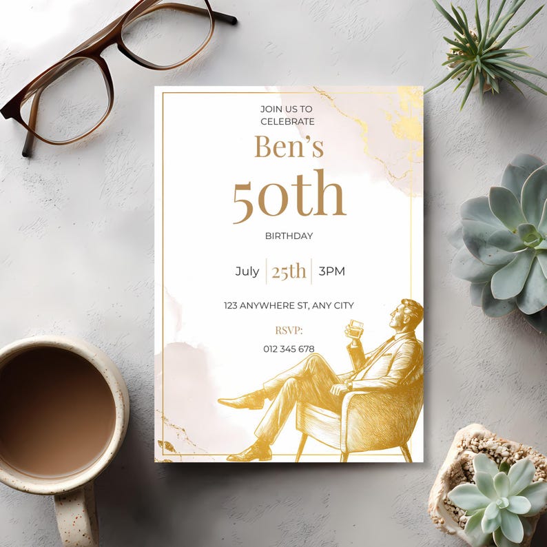 Minimalist gold mens birthday invitation template featuring a luxury sketch style man sitting in an armchair, elegant modern design editable in Canva