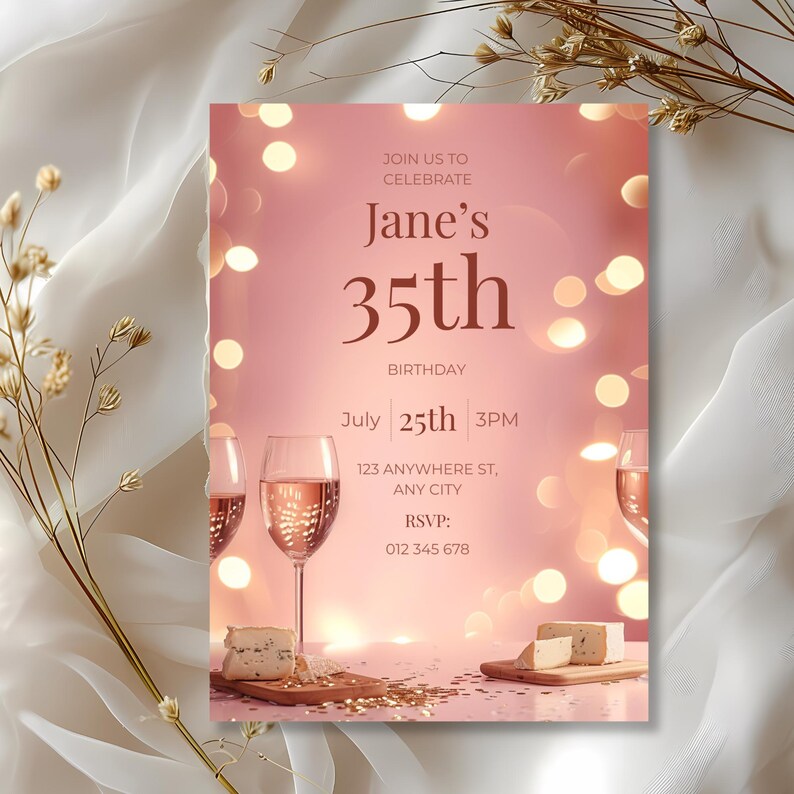 Elegant wine birthday invitation template for women, minimalist pink design suitable for classy milestone party