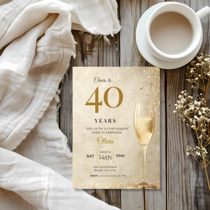 Cream and gold 40th birthday invitation with a champagne flute on a rustic wooden table with white linen, coffee and dried flowers
