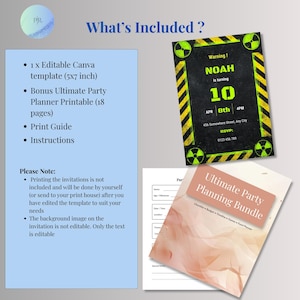 Radioactive birthday invitation and party planning bundle overview showing invitation design alongside multiple planning pages including guest list, budget tracker, checklist, and party organisation tools