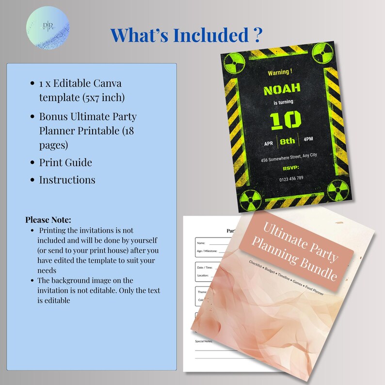 Radioactive birthday invitation and party planning bundle overview showing invitation design alongside multiple planning pages including guest list, budget tracker, checklist, and party organisation tools