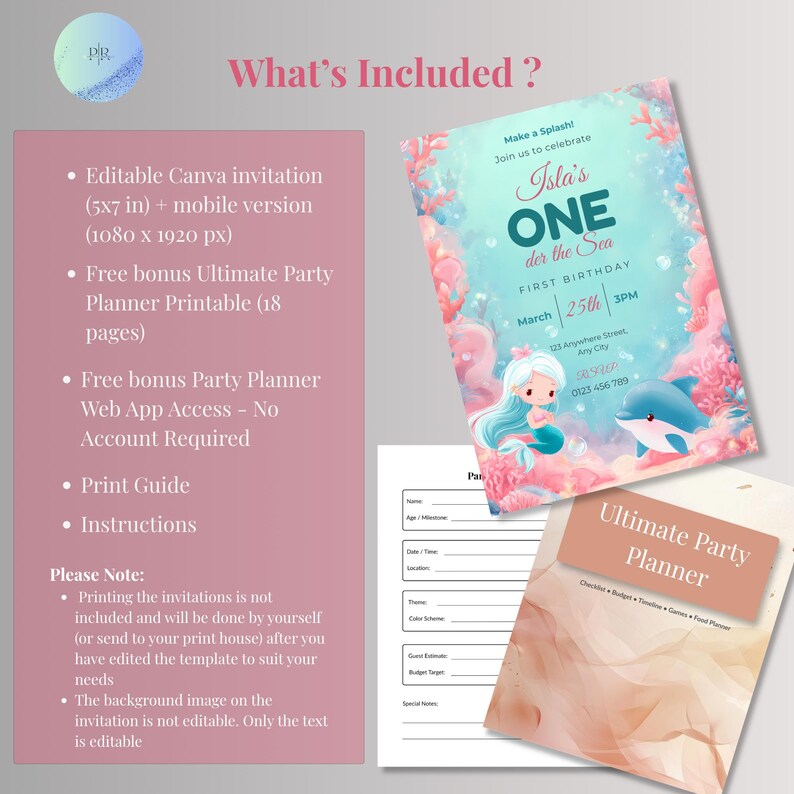 What’s included: editable 5x7 Oneder the Sea invitation, 1080x1920 mobile evite, free 18-page printable party planner, free party planner web app, print guide and instructions.