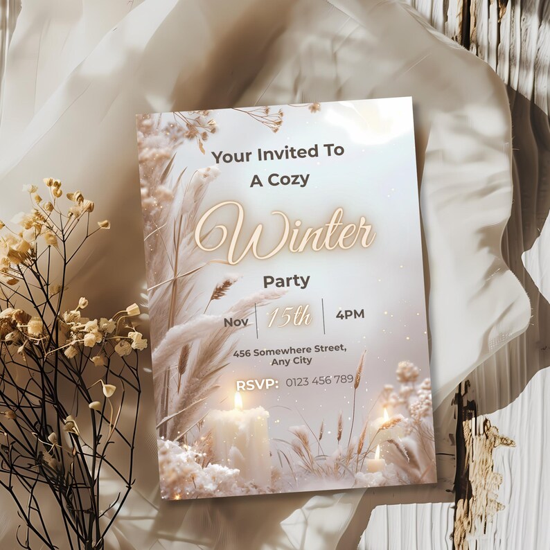 Elegant candlelit winter invitation styled among warm dried florals and soft fabric