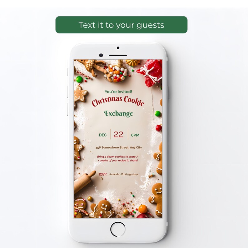 Christmas cookie exchange evite on a smartphone screen, ready to text to guests
