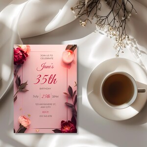 Romantic floral birthday invitation template with soft pink and deep red flowers, elegant Canva editable invite for adult birthday celebration