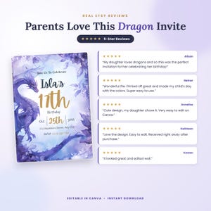 Five star reviews from parents for this purple dragon birthday invitation, easy to edit in Canva, printed beautifully, daughter loved the dragon